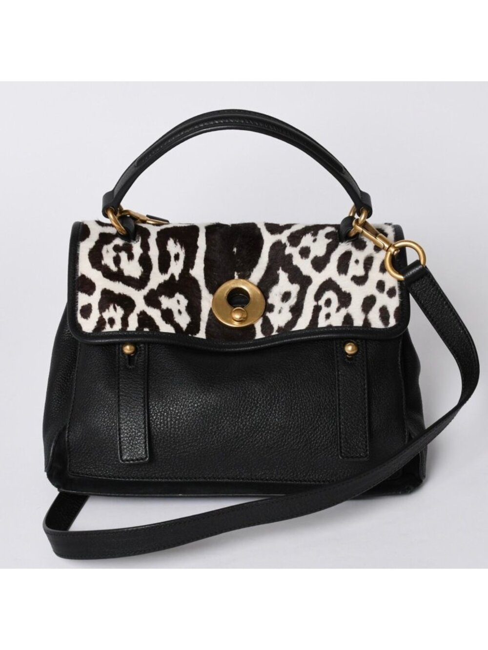 Yves Saint Laurent Muse Two 2-Way Handbag Black Leopard Leather Calf Hair Gold